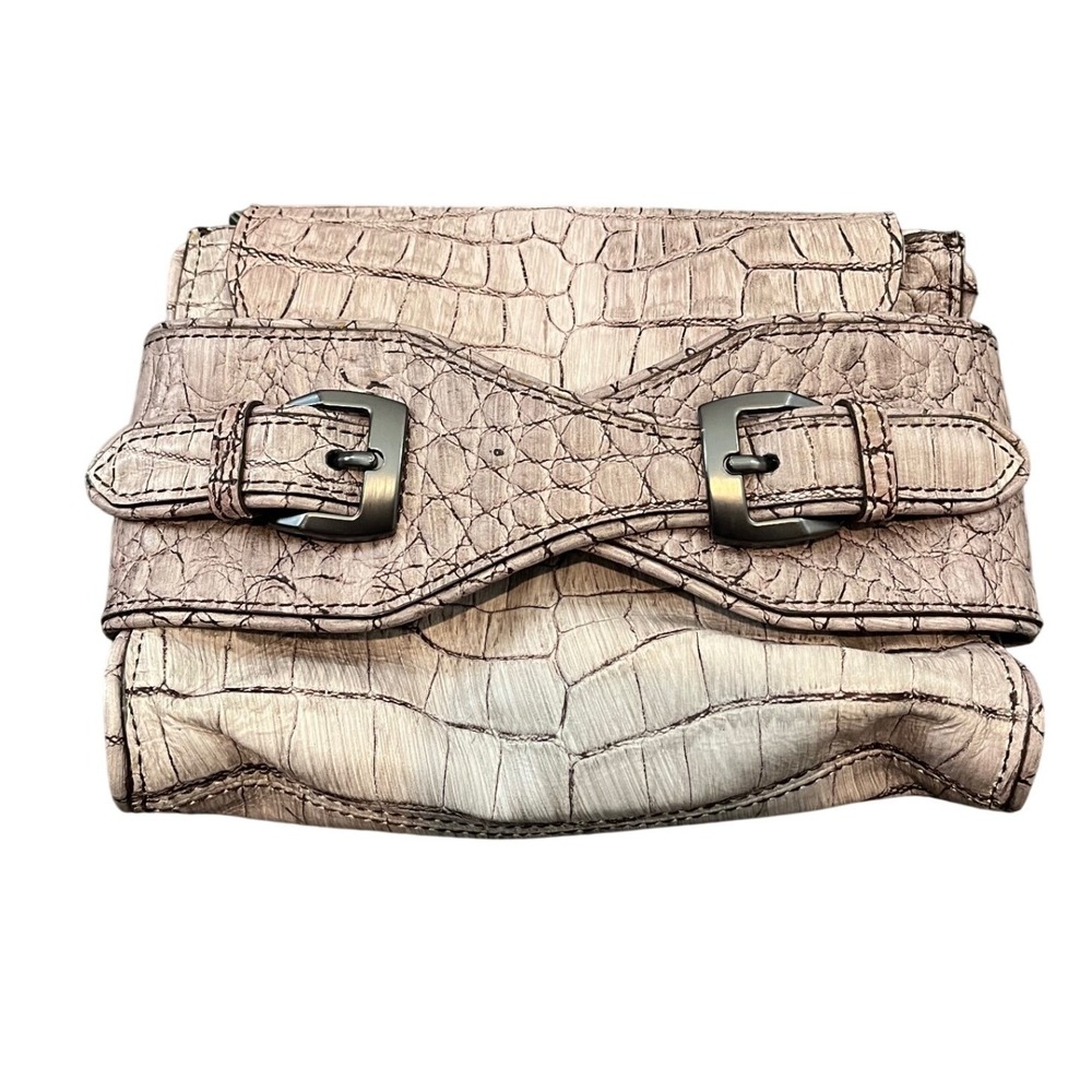 Kooba Purse‎ Womens OS Beige Croc Embossed Leather Buckle Detail Clutch
